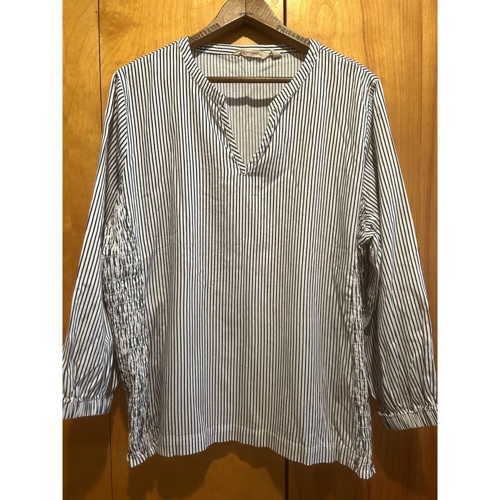 Soft Surroundings Striped V Neck Blouse-XL P-Smocked Sides-Nautical-Coastal